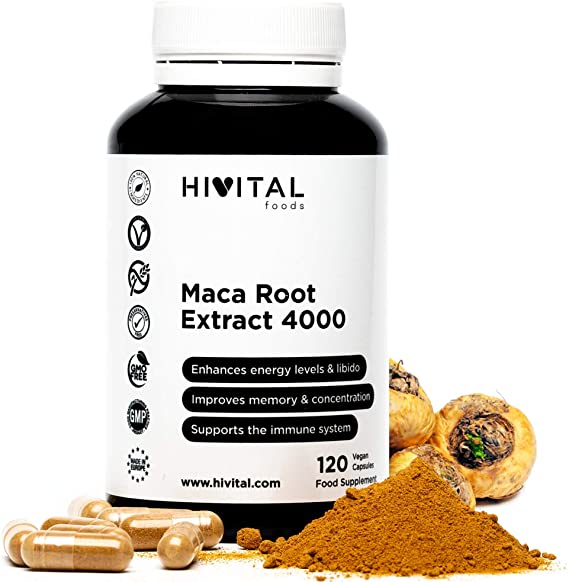 Peruvian Maca Root Extract 4000mg | 120 Vegan capsules | Improves energy, vitality, stamina, athletic performance, memory, concentration, immune system and hormone imbalance | by Hivital