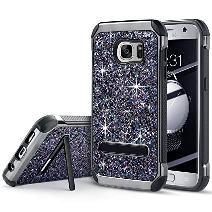 UARMOR Case for Samsung Galaxy S7, Glitter Bling Rugged Shockproof Dirtproof Hybrid Slim Fit Case Sparkle Shiny Faux Leather Chrome Hard Case Cover, Black