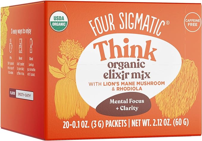 Four Sigmatic Organic Mushroom Elixir Mix with Lion's Mane and Antioxidants for Concentration   Focus, Vegan, Paleo, Gluten Free, 0.1 Ounce (20 Count)