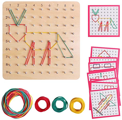 USATDD Wooden Geoboard Graphical Educational Toys Mathematical Material Array Block Geo Board with 25Pcs Colorful Pattern Flash Cards and Latex Bands Shape STEM Puzzle Matrix 9x9 Brain Teaser for Kid