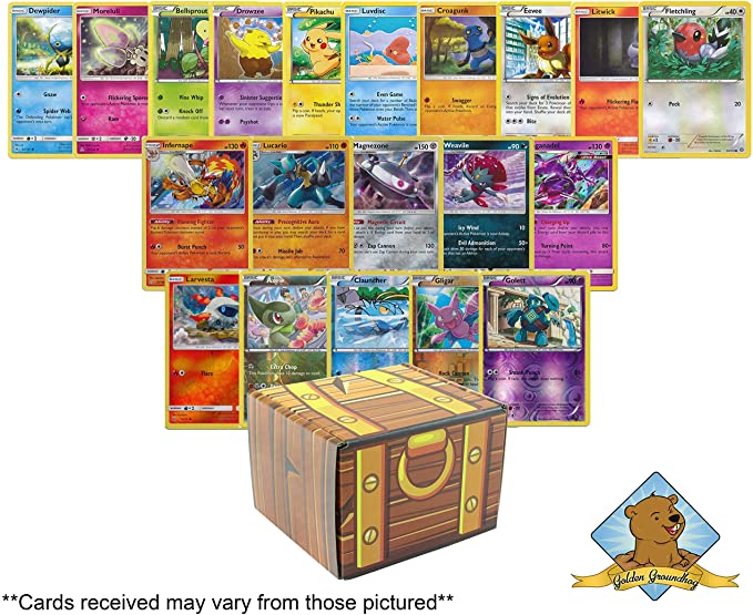 100 Pokemon Trading Cards with 3 Foils and 2 Holo Rares! Includes Golden Groundhog Treasure Chest Storage Box!