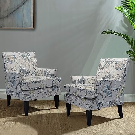 HULALA HOME Modern Patterned Accent Chairs Set of 2, Farmhouse Striped Accent Armchair Buffalo Plaid Accent Chairs for Living Room, Mid Century Floral Accent Chair with Arms [Blue Yellow Floral]