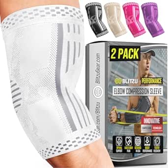 BLITZU 2 Pack Elbow Brace Support, Elbow Compression Sleeve Orthopedic Pain Relief for Golfer's, Tennis Elbow, Arthritis, Bursitis, Tendonitis Treatment, Workout, Fitness & Weightlifting. White L