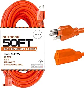 50 Ft Orange Extension Cord - 16/3 SJTW Heavy Duty Outdoor Extension Cable with 3 Prong Grounded Plug for Safety - Great for Garden & Major Appliances