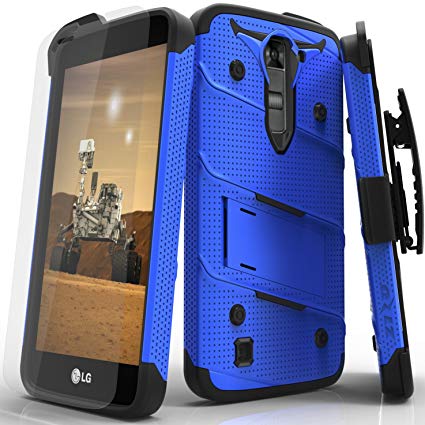 Zizo Bolt Series compatilbe with LG K7 Case Military Grade Drop Tested with Tempered Glass Screen Protector, Holster, Kickstand Blue Black