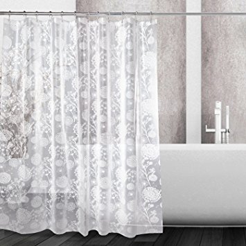 Mooxury Waterproof Shower Curtain Liner, White Flower EVA Shower Curtains with Hooks for Bathroom, Mildew Resistant, Antibacterial, Non Toxic, No Odor, 72x72 Inch