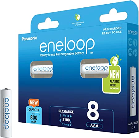 Panasonic eneloop Ready-to use Ni-MH Battery, AAA/Micro, 8-Pack, Improved Capacity of min. 800 mAh, 2100-charge Cycle Life, high Power Performance, Plastic Free Packaging, Blue (BK-4MCDE/8BE)