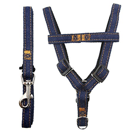 Juxcity Dog Leash Harness, Adjustable Durable Heavy Duty Denim Dog Leash Collar for Small Dog, Perfect for Daily Training Walking Running