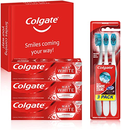 Colgate Max White Luminous Teeth Whitening Toothpaste & Toothbrush Bundle Kit, 3x75ml Toothpaste Multipack & 3 Pack Toothbrush