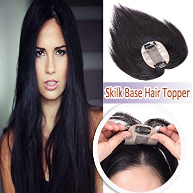 Elailite Silk Base Human Hair Toppers for Women Clip in Top Hairpiece Toupee for Tinning Hair Black Brown