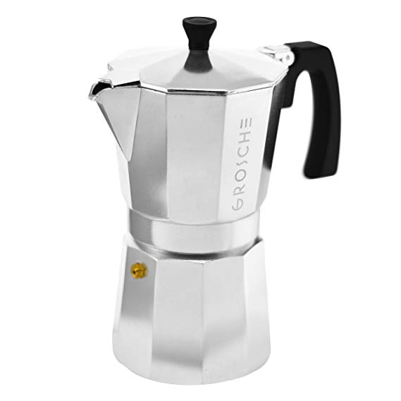 GROSCHE Milano Moka 6-Cup Stovetop Espresso Coffee Maker With Italian Safety Valve, Silver