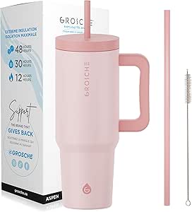 GROSCHE ASPEN 40 oz tumbler with handle and straw. Extreme insulation, classy design, built to last insulated stainless steel tumbler with handle, lid and straw - ROSE PINK