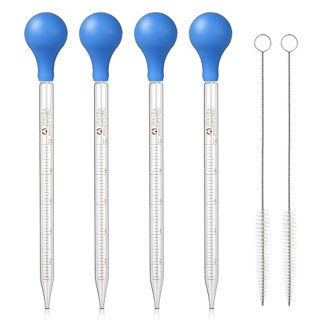 4Pcs Glass Graduated Dropper Pipette for Liquid Essential Oil, 10ml Lab Dropper Pipettes Transfer with Rubber Cap and 2Pcs Cleaning Brush