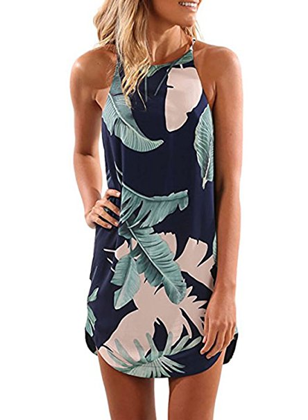 Annflat Women's Summer Halter Neck Floral Print Sleeveless Casual Mini Dress(5 Pattern,S-XL)