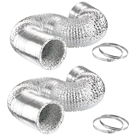 iPower 6 Inch 8 Feet Non-Insulated Flex Air Aluminum Ducting Dryer Vent Hose for HVAC Ventilation, 2 Pack, 4 Clamps included