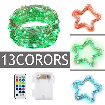 LED String Lights 13 Colors with 50 Led 16.4 ft,ihreesy Newest Waterproof Silver Wire Lights Dimmable Battery Operated with Remote Control for Decoration Bedroom, Patio, Garden, Gate, Yard, Parties