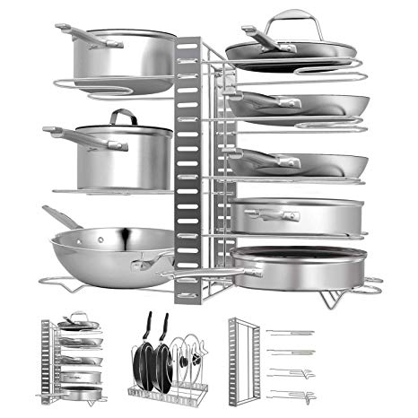 Pot Rack Organizers, G-TING 8 Tiers Pots and Pans Organizer, Adjustable Pot Lid Holders & Pan Rack for Kitchen Counter and Cabinet, Lid Organizer for Pots and Pans With 3 DIY Methods