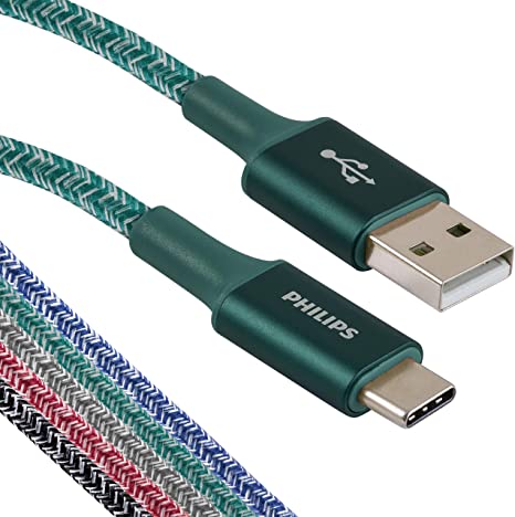 Philips 6 in. USB Type C Cable, USB-A to USB-C Emerald Durable Braided Fast Charging Cable, Compatible with iPad Pro, MacBook Pro, Samsung Galaxy S10 S9 Note 9 8 S8 Plus, DLC5201EA/37