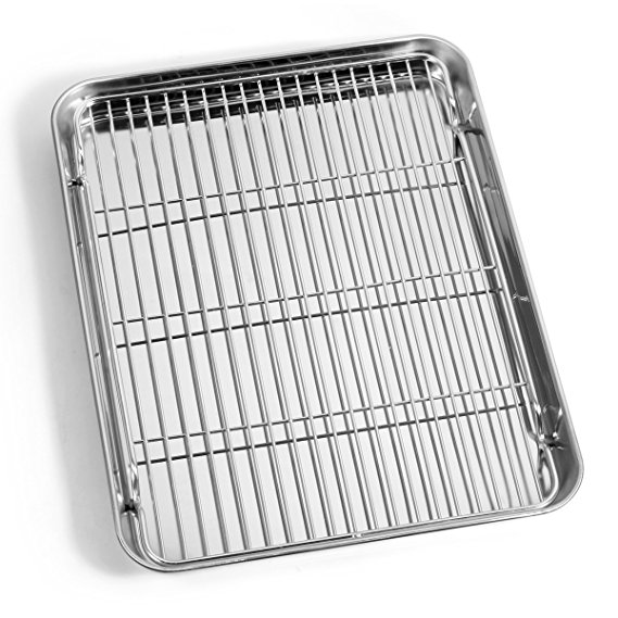 Baking Pan and Rack Set, Bastwe Cookie Baking Sheet with Nonstick Cooling Rack, Rectangle Size 12 x 10 x 1, Stainless Steel & Healthy Non Toxic, Superior Mirror Finish & Easy Clean
