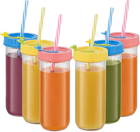 Glass Drinking Bottle Travel Drinking Jars 6 Pack, 16oz Mason Jars Regular Mouth Beverage Bottle with Airtight Lids &Straws, Reusable Water Bottle Skinny Tumbler for Juice/Smoothies,/Kombucha/Tea/Milk