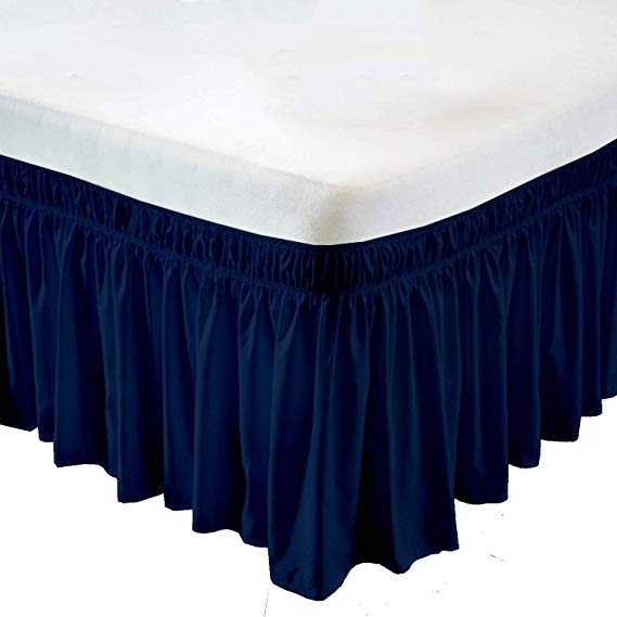 Wrap Around Bed Skirt- 21 Inch Drop Length Style Easy Fit Elastic Bed Ruffles Bed-Skirt Wrinkle Free Bed Skirt - Navy Blue, Queen in All Bed Sizes and Colors