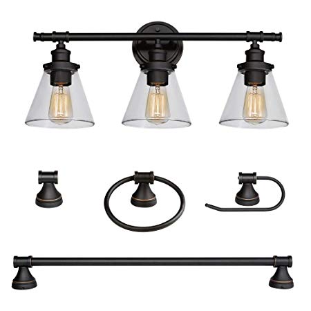 Globe Electric Parker 5-Piece All-in-One Bathroom Set, Oil Rubbed Bronze, 3-Light Vanity Light with Clear Glass Shades, Towel Bar, Towel Ring, Robe Hook, Toilet Paper Holder 50192