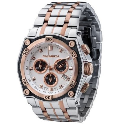 CALABRIA - LEVATA - Rose Gold Two Tone Chronograph Men's Watch with Carbon Fiber Bezel and SS Band