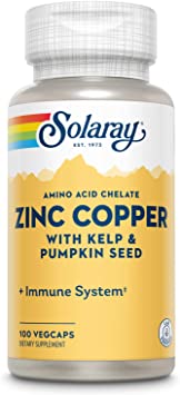 SolaRay Zinc Copper Amino Acid with Chelate with Kelp and Pumpkin Seed Dietary Supplement (100 VegCaps) Pack of 2