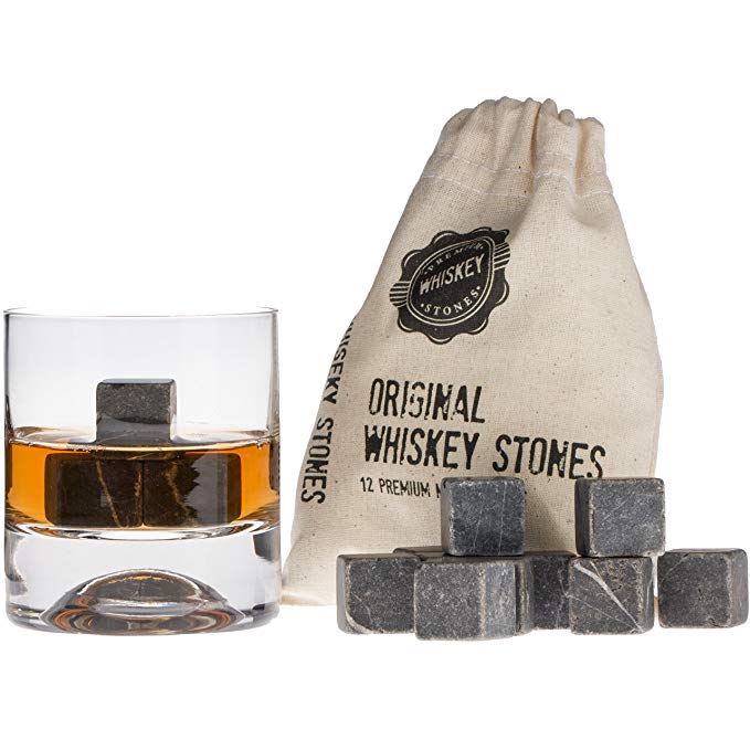 12 pcs Premium Whisky Stones Cubes Whiskey Beverage0 Natural Marble Stone Gift Set - in a Free Carrying Pouch