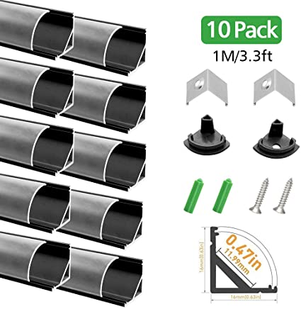 LightingWill Clear Cover LED Aluminum Channel V Shape Corner Mount 3.3Ft/1M 10 Pack Black Extrusion for &lt;12mm 5050 3528 LED Flex/Hard Strip Lights with Covers, End Caps, and Mounting Clips TP-V02B10