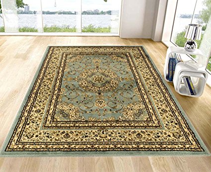 Ottomanson Royal Collection New Traditional Oriental Medallion Design Area Rug Sage, 7'10"W X 9'10"L, Sage Blue