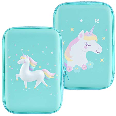 Gooji Unicorn Pencil Case for Girls (Hard Top) Magical 3D Creature, Bright Colored Storage Box | Compact and Portable Home, Classroom, Art Use | for Markers, Pens, Colored Pencils (Blue)