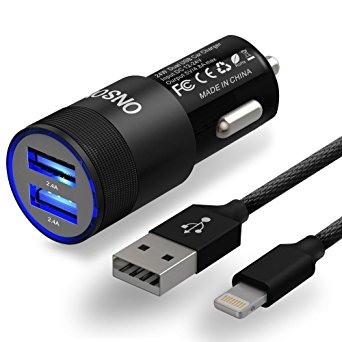 ONSON Car Charger,24W 4.8A Rapid Dual Port USB Car Charger 3FT Apple Lightning Cable Adapte to USB Cable for iPhone 7/7 Plus,6/6S/6 Plus/6S Plus,5S/5,iPad,iPod Nano 7(Black)