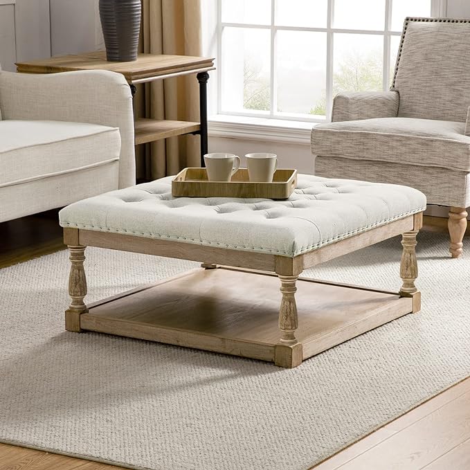 HULALA HOME Large Square Ottoman Coffee Table for Living Room, Button Tufted Cocktail Ottoman with Shelf & Solid Wood Legs, Upholstered Farmhouse Footrest Stool, Beige