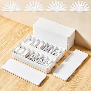 Tatuo 4 Pcs Cable Organizer Box with Wire Ties, Plastic Cord Storage Box with Lid, Electronics Organizer for Home Office Desk Organizers and Accessories (White)