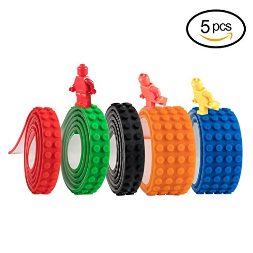 Toy Block Tape,Building Block Tape Roll Self-Adhesive Washable Tape Compatible With Lego Mega Bloks,Kre-O and more,5 Rolls (Black/Orange/Green/Red/Blue)