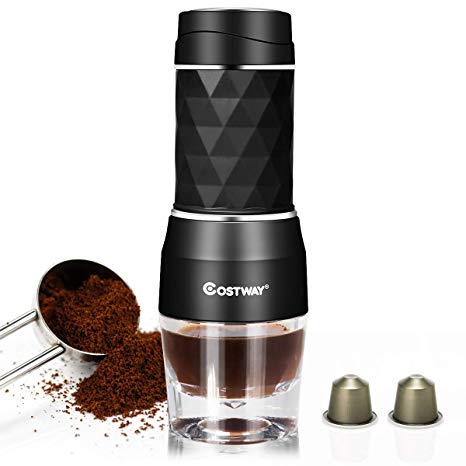 COSTWAY Portable Espresso Maker, 2-in-1 Manual Coffee Machine, 20 Bar Pressure for Capsule & Ground Coffee, for Camping, Travel, Office, Home