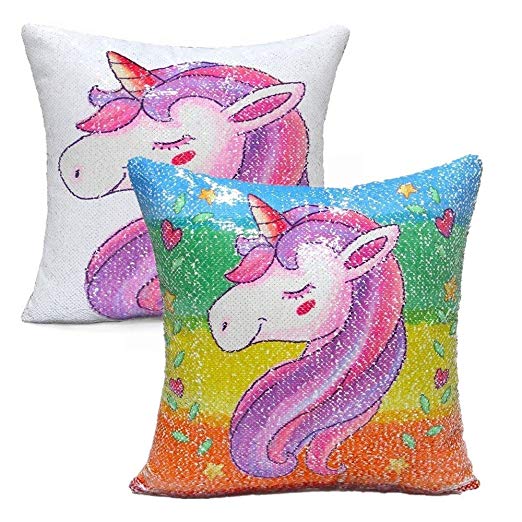Foozoup Unicorn Throw Pillow Cover Mermaid Sequins Pillowcase Reversible Pillows Decorative Cushion Covers 16"x16" (Rainbow Unicorn/White)