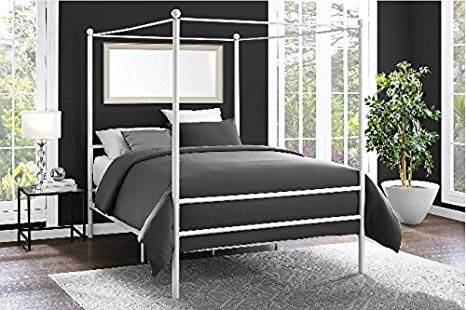 Mainstays Easy to Assemble Modern Design QUEEN Size Sturdy Metal Frame Four Post Canopy Bed in White