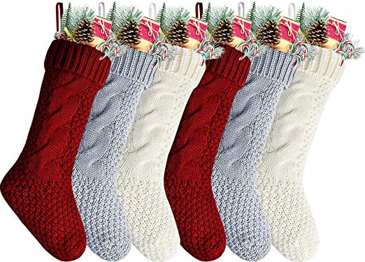Kunyida 18" Unique Burgundy and Ivory and Gray Knitted Christmas Stockings,6 Pack