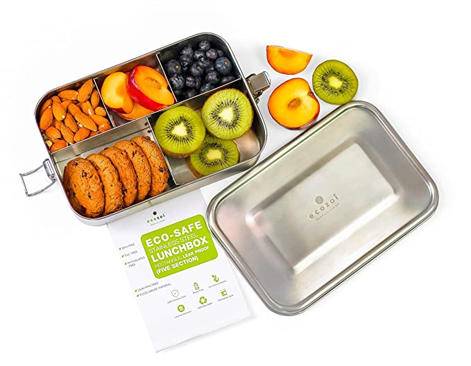 ecozoi Stainless Steel Lunch Box Food Pack, Large | 5 Compartment Box with Leak Proof Lid and Locking Clips | Sustainable Food Storage Container, 1500 ml Capacity