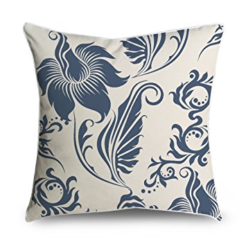 FabricMCC Throw Pillow Cover Floral Damask Dark Blue on Cream Square Accent Decorative Pillow Case Cushion Cover 18x18