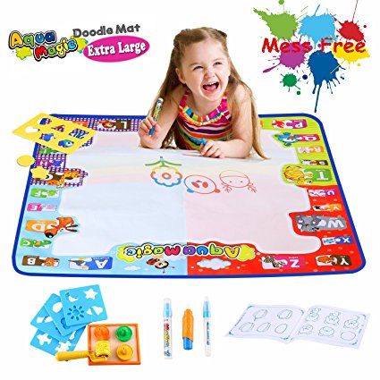 Aqua Doodle Mat Large Educational Water Drawing Mat for Kids Toy Toddler Painting Board with 2 Magic Pens, 1 Magic Brush, and Drawing Accessories for Boys Girls Size 30.3'' x 30.3''