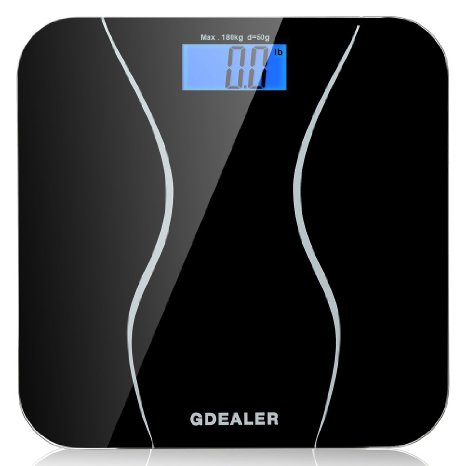 Digital Bathroom Scale, GDEALER 400lb/180kg Body Weight Bathroom Scale, Elegant Black 6mm Tempered Glass, Step-On Technology, High Precision, Extra Large Lighted Display