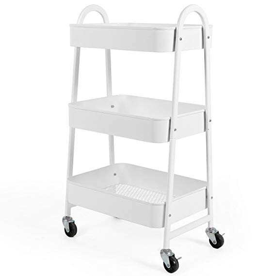 3-Tier Utility Rolling Cart with Large Storage and Metal wheels for Office,Kitchen,Bedroom,Bathroom,White 130839