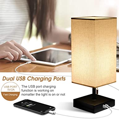 HOKEKI Bedside Table Lamp, with 2 Useful USB Ports, Black Charger Base with Beige Fabric Shade, Modern Desk Lamp for Bedroom, Living Room, Kid's Room, Dorm, Office