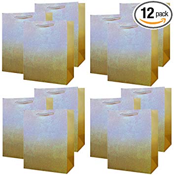 UNIQOOO 12Pcs Premium Gold Glitter Ombre Sparkle Gift Bags Bulk, Large 12.5x10.5x4 Inch,Retail Shopping Wrap Bag,Recyclable Kraft Paper,Party Favor Goodie Bag,For Wedding Baby Shower Christmas Holiday