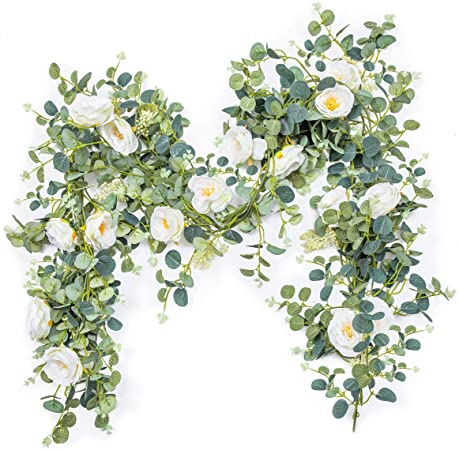 OasisCraft Artificial Flower Eucalyptus Garland with Camellias, 6ft Fake Silk Rose Vine Decorations Hanging Faux Leaves Floral Greenery for Wedding Backdrop, Garden Home Office Party, Arch Table Decor