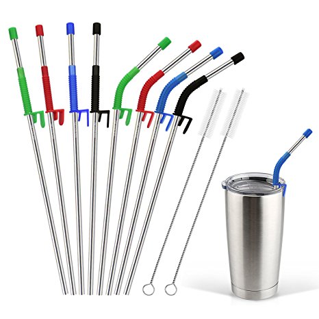 WEBSUN Stainless Steel Drinking Straws 8 PCS with Cup Buckle & Cover Eco Friendly Long Metal Drinking Straws for YETI, RTIC & OZARK Tumbler 30 oz & 20 oz, 2 Cleaning Brush Included