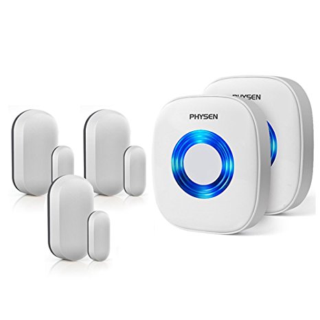 PHYSEN Wireless Door/Window Sensor Chime kit with 3 Magnetic Door Sensors and 2 Remote Receivers with Operating at 260-feet Range,4 Volume Levels with 52 Melodies Chimes for Home/Office/Stores